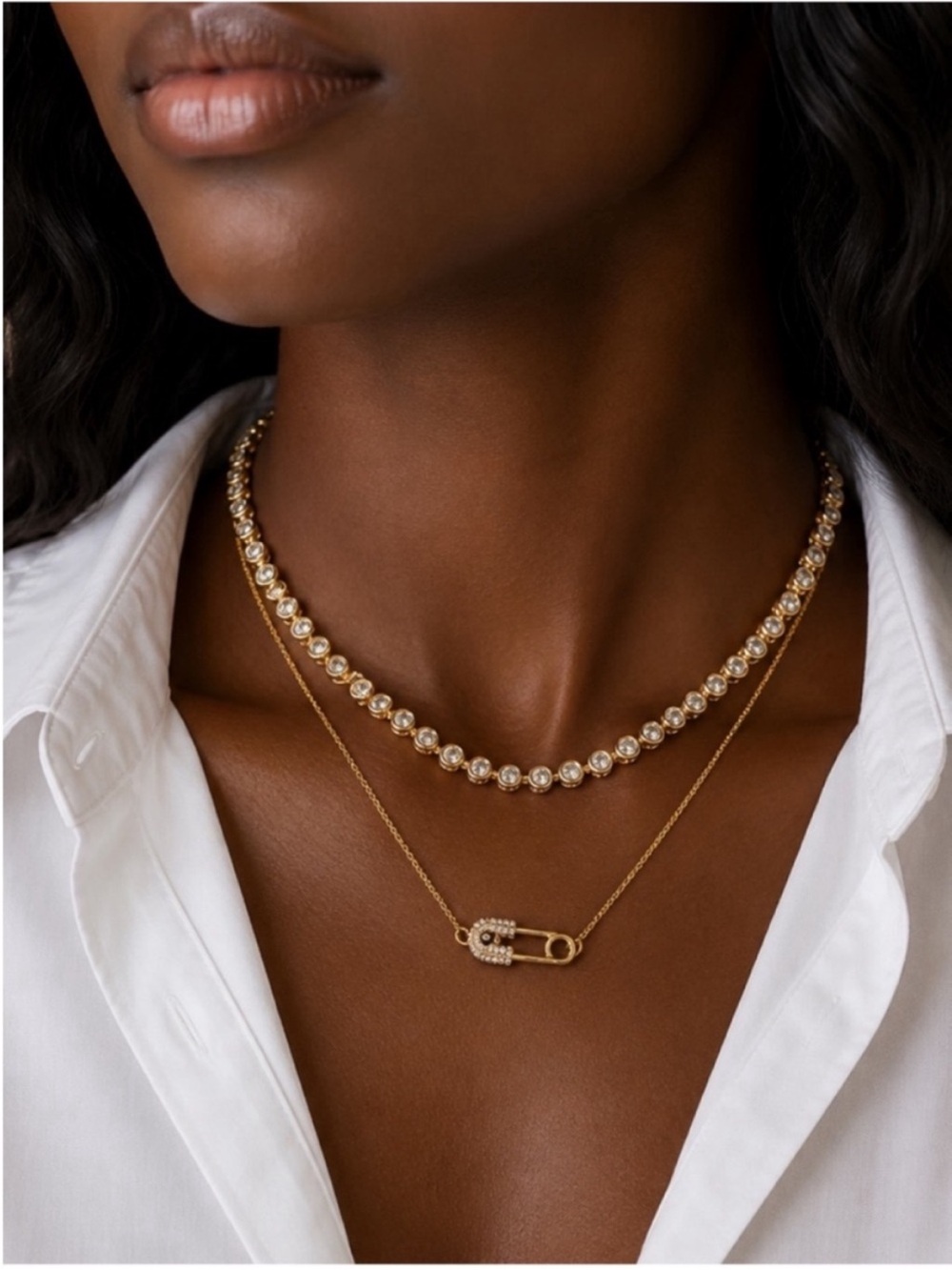 New! Gold Bevel Chain Safety Pin Necklace Stack Set NWOT 4020
